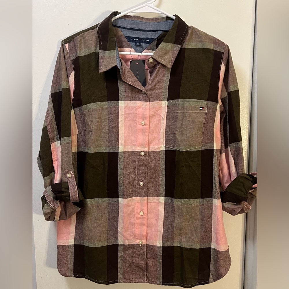 NWT Tommy Hilfiger Pink Brown and Olive Plaid Shirt
